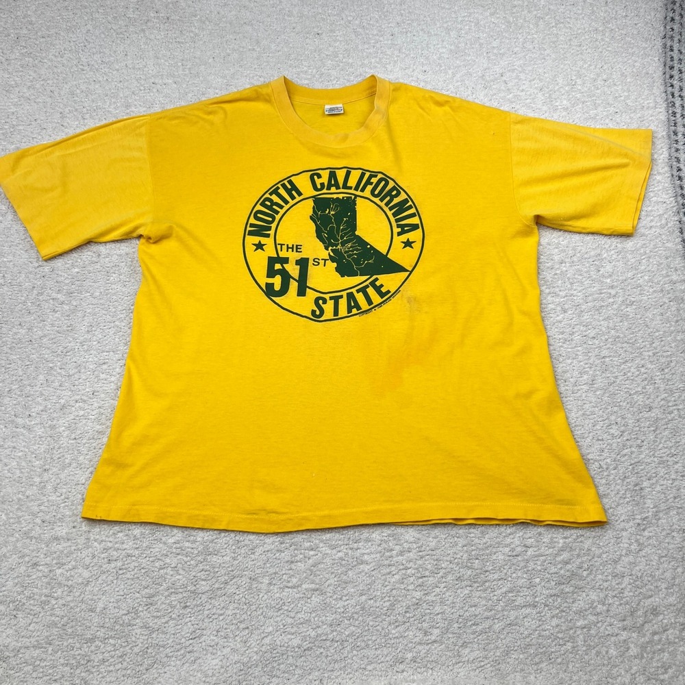 VTG 1980 Belton Tough Tee North California 51st State T-Shirt Yellow XL Single